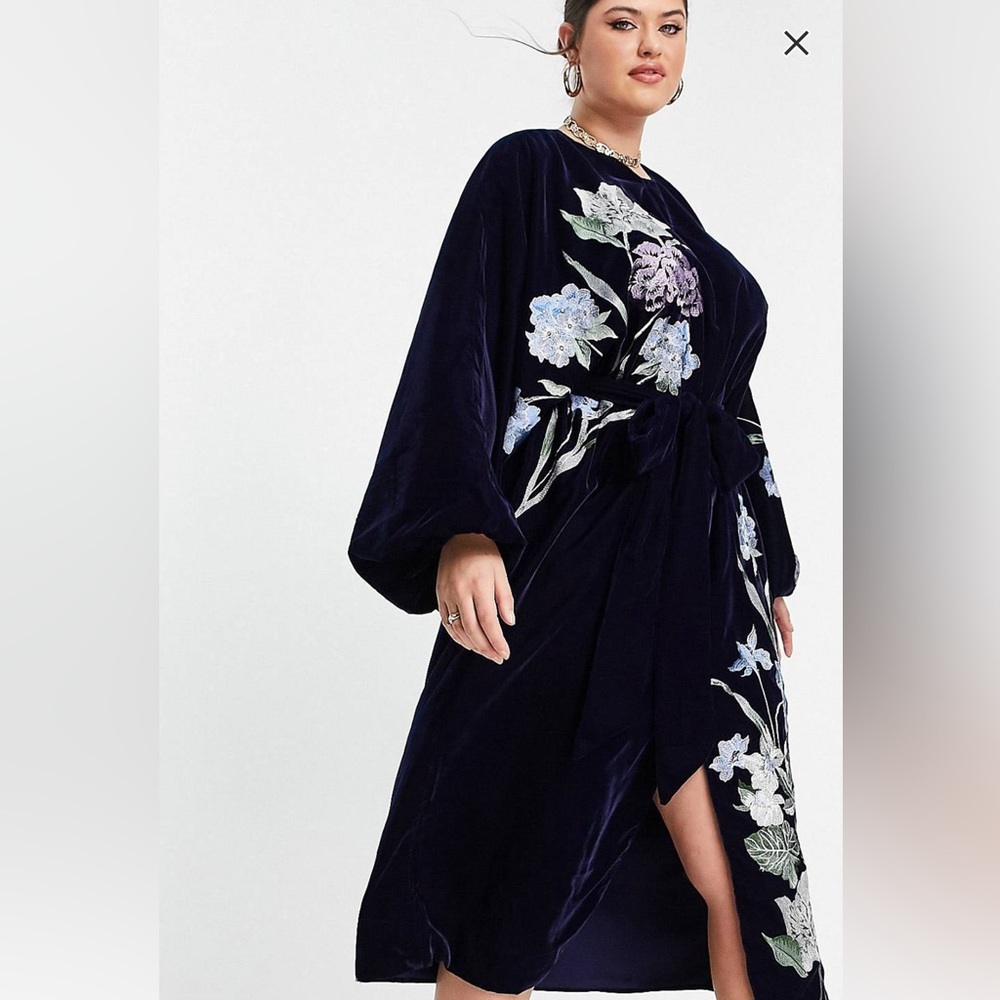 ASOS EDITION Curve midi shift dress in velvet with floral embroidery in navy
